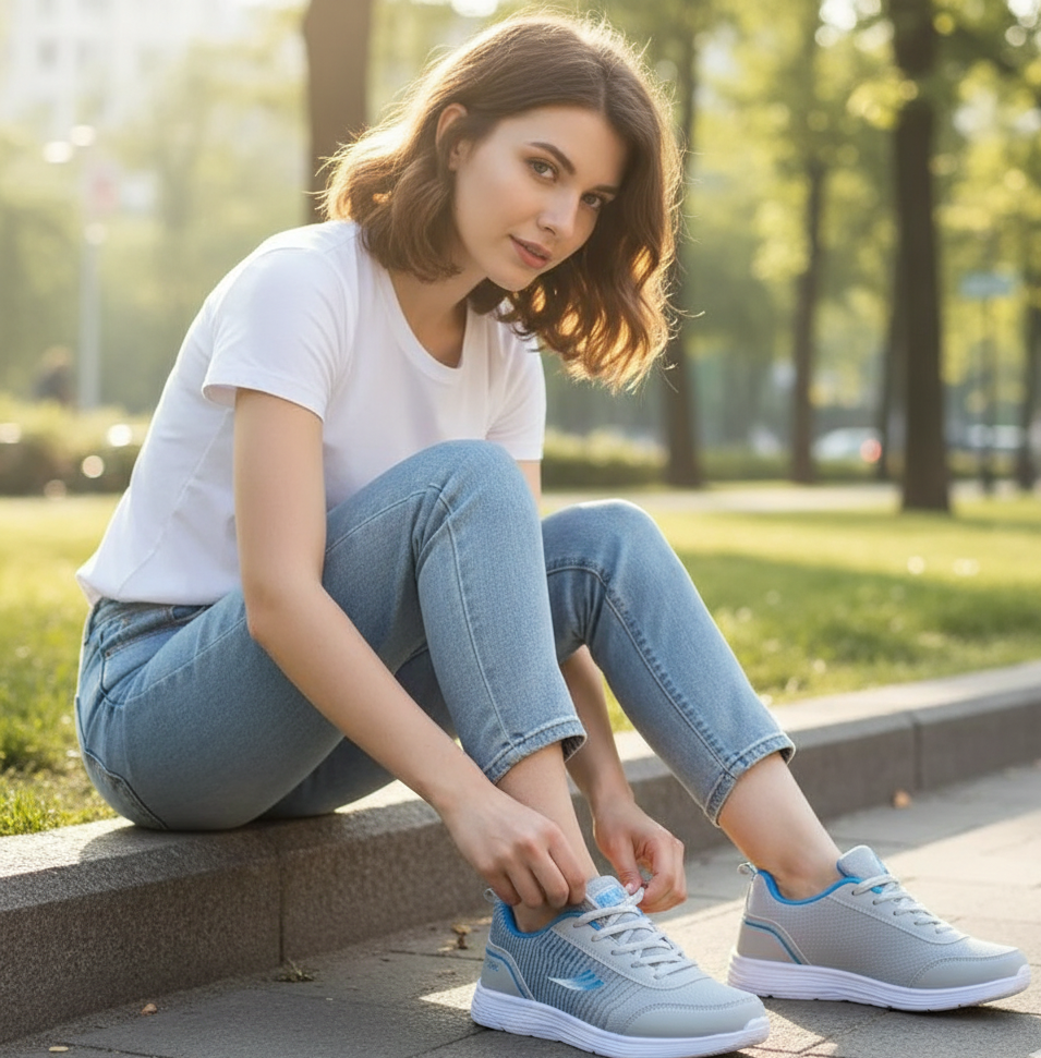 Woman sitting on a curb in a park, tying her gray sneakers with blue accents.