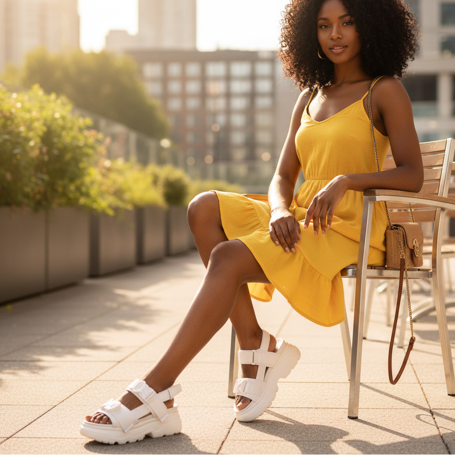 Woman in a yellow dress sitting on a chair with a cityscape background
