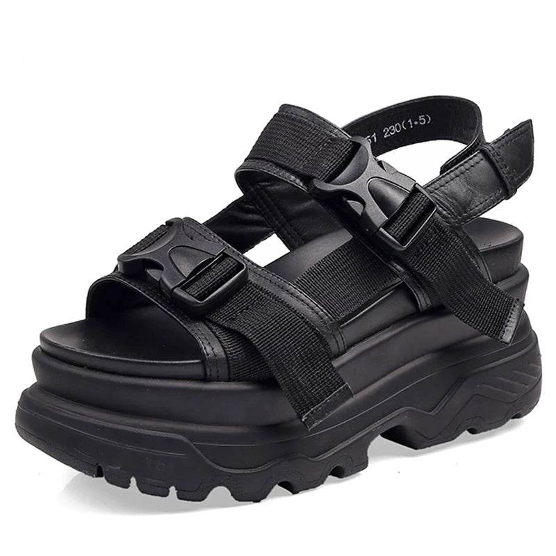 8cm Platform Wedge Sandals – Buckle Strap, Leather & Canvas Mix, Summer High Heel Shoes - Stylemein