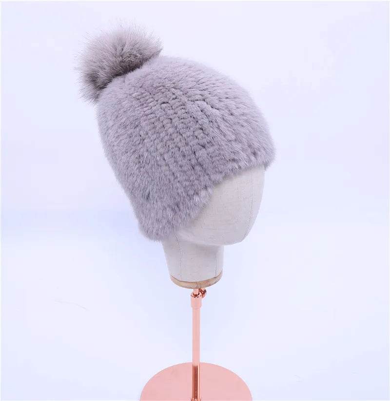 Winter Luxe: 100% Real Mink Fur Beanie with Fox Fur Pom-Pom - Stylemein