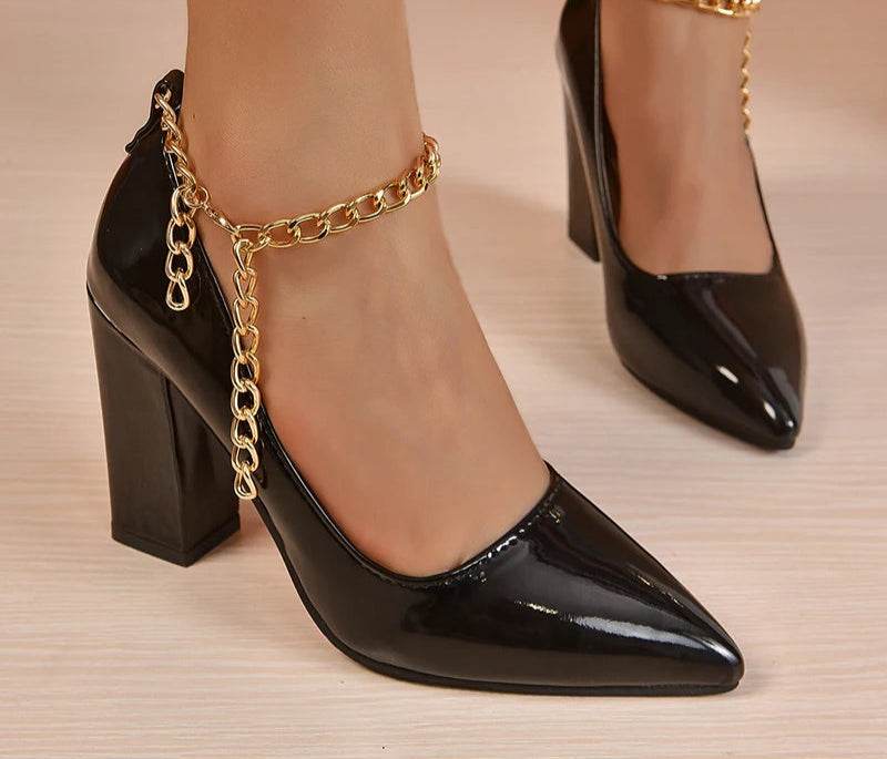 10cm Square Heel Gold Chain Pumps – Super High Heels with Ankle Strap & Pointed Toe, Size 35–53 - Stylemein