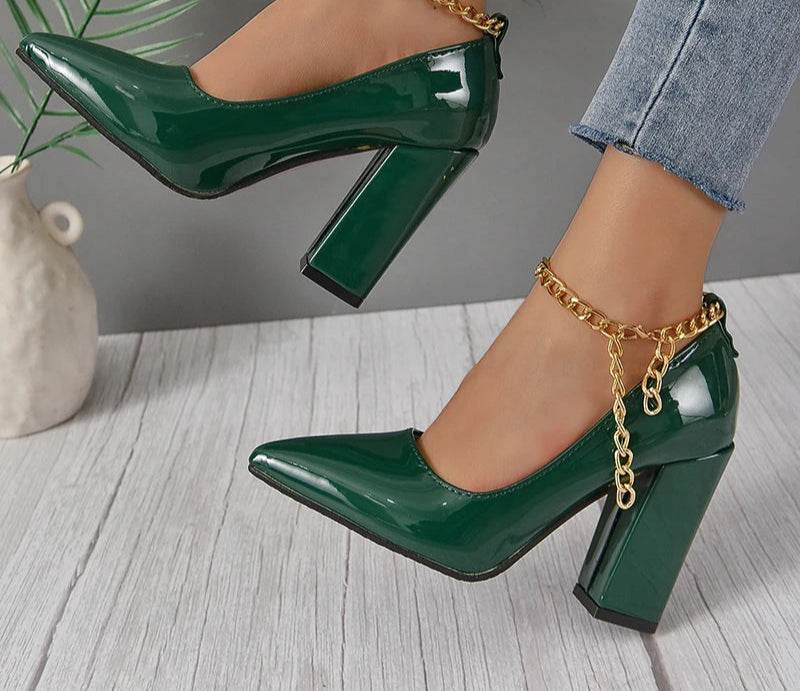 10cm Square Heel Gold Chain Pumps – Super High Heels with Ankle Strap & Pointed Toe, Size 35–53 - Stylemein