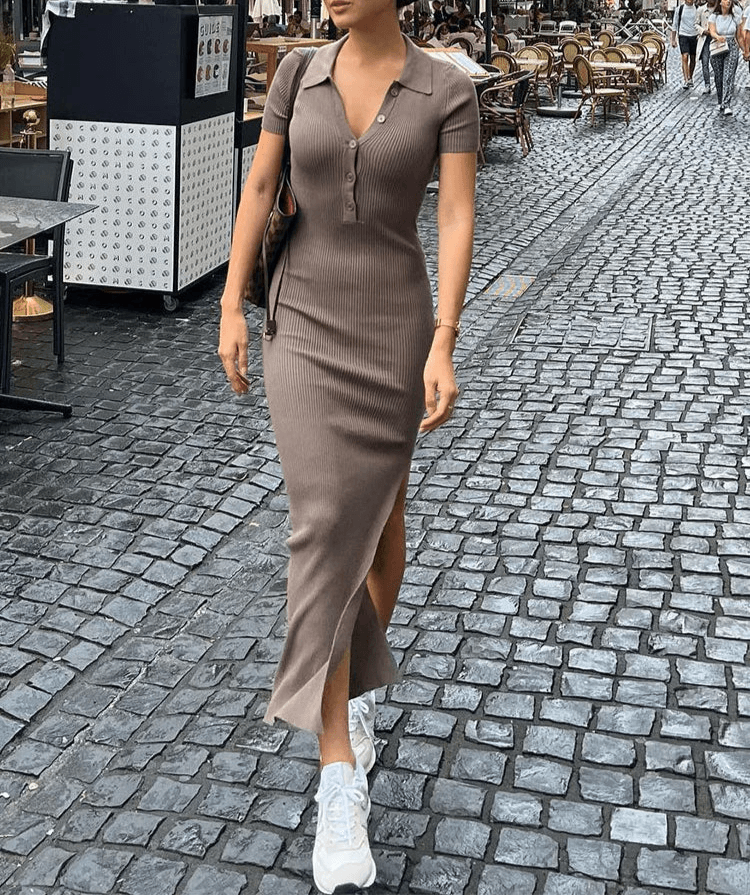 Elegant Button Maxi Dress – Office-Ready Short Sleeve Slit Dress for Women - Stylemein