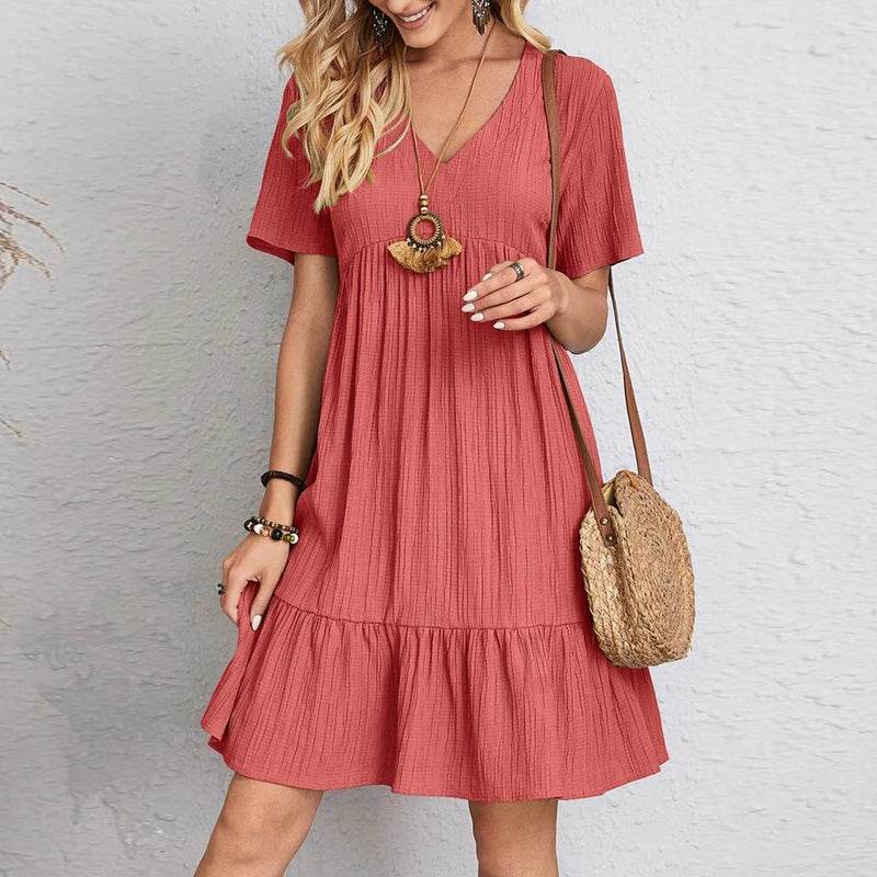Stylemein - Vintage Solid A-Line Mini Dress – V-Neck High Waist Short Sleeve Summer Party Outfit