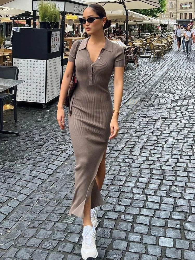 Elegant Button Maxi Dress – Office-Ready Short Sleeve Slit Dress for Women - Stylemein