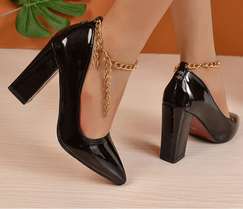 10cm Square Heel Gold Chain Pumps – Super High Heels with Ankle Strap & Pointed Toe, Size 35–53 - Stylemein