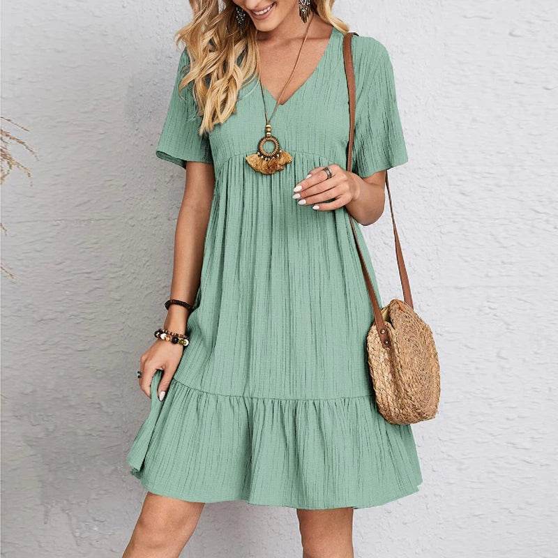 Stylemein - Vintage Solid A-Line Mini Dress – V-Neck High Waist Short Sleeve Summer Party Outfit