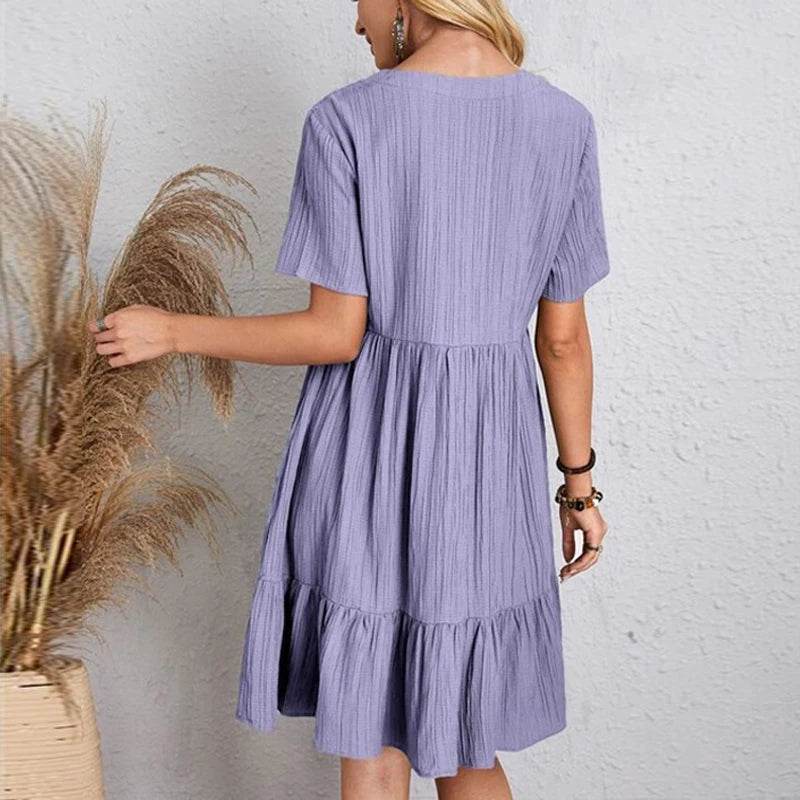 Stylemein - Vintage Solid A-Line Mini Dress – V-Neck High Waist Short Sleeve Summer Party Outfit