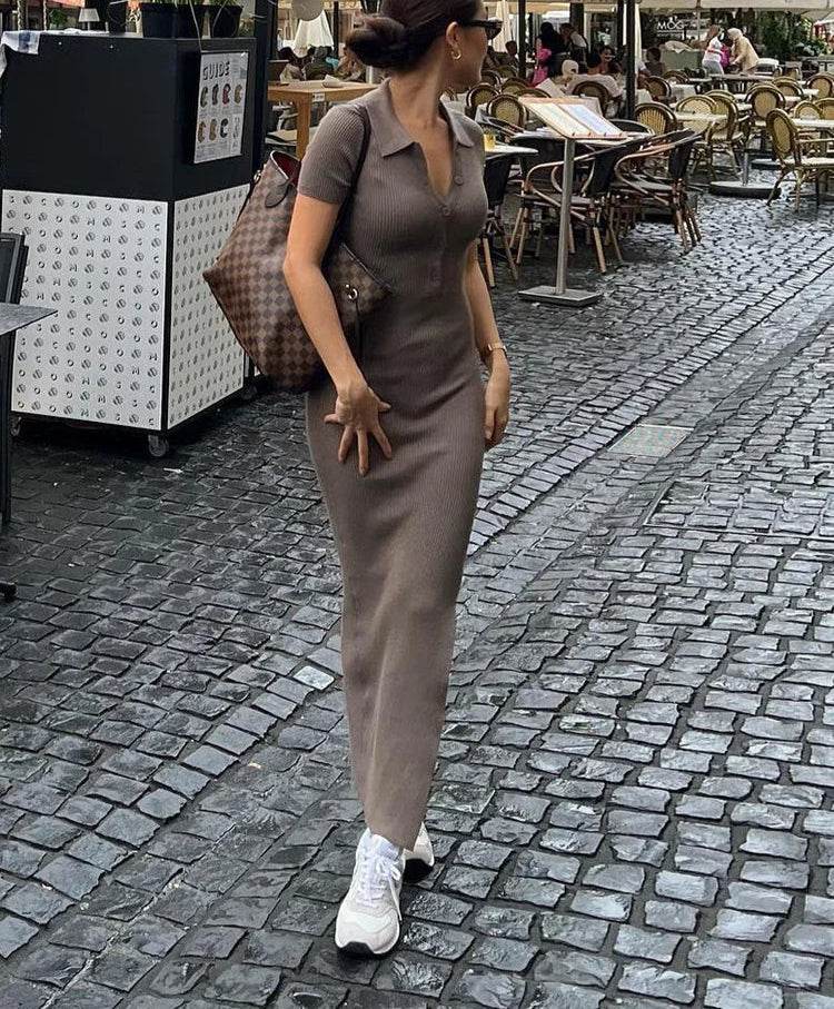 Elegant Button Maxi Dress – Office-Ready Short Sleeve Slit Dress for Women - Stylemein