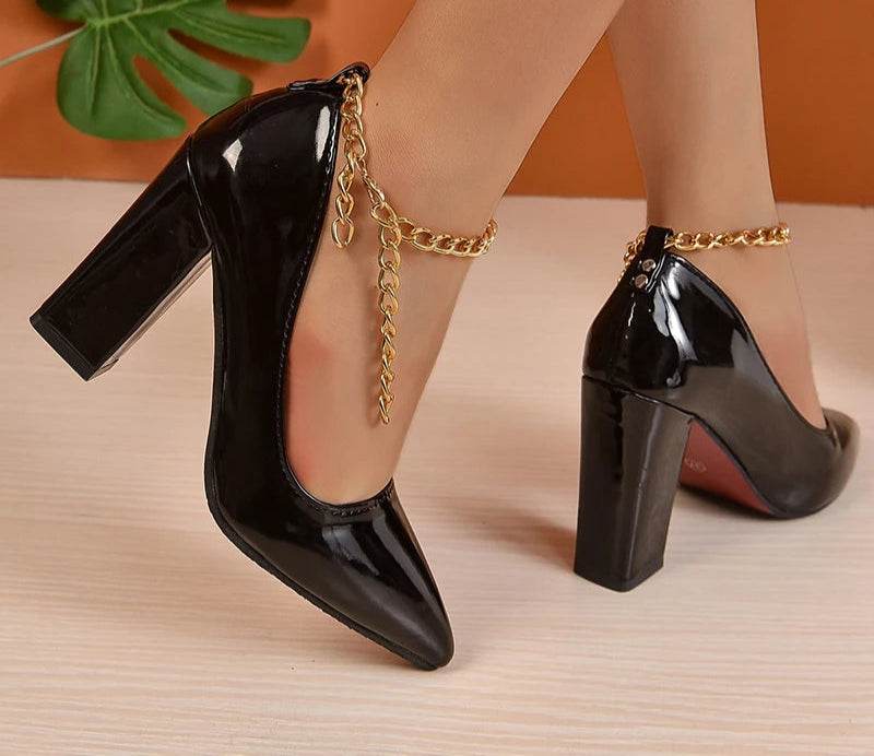 10cm Square Heel Gold Chain Pumps – Super High Heels with Ankle Strap & Pointed Toe, Size 35–53 - Stylemein