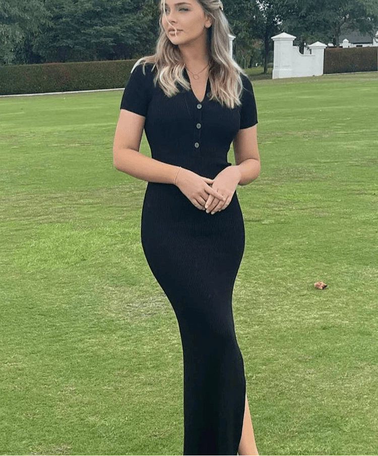 Elegant Button Maxi Dress – Office-Ready Short Sleeve Slit Dress for Women - Stylemein