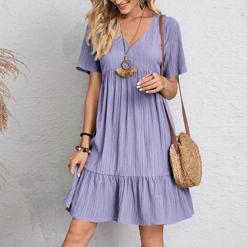 Stylemein - Vintage Solid A-Line Mini Dress – V-Neck High Waist Short Sleeve Summer Party Outfit