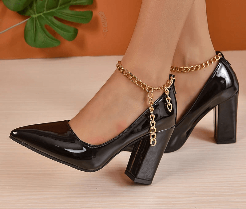 10cm Square Heel Gold Chain Pumps – Super High Heels with Ankle Strap & Pointed Toe, Size 35–53 - Stylemein