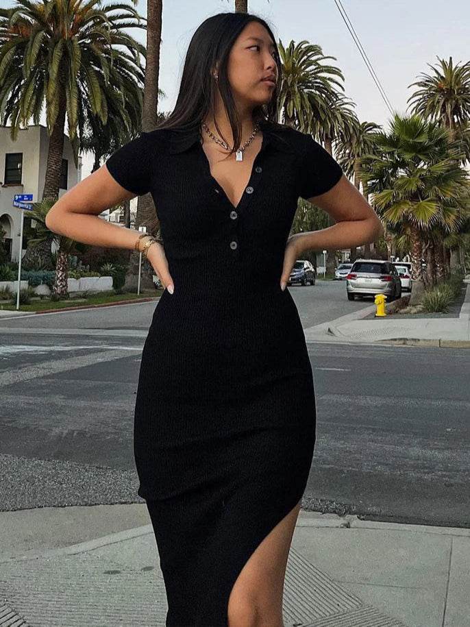 Elegant Button Maxi Dress – Office-Ready Short Sleeve Slit Dress for Women - Stylemein