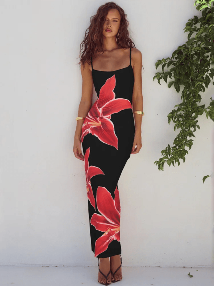Sexy Floral Print Sleeveless Backless Bodycon Maxi Dress for Women | Elegant Club & Party Outfit - Stylemein