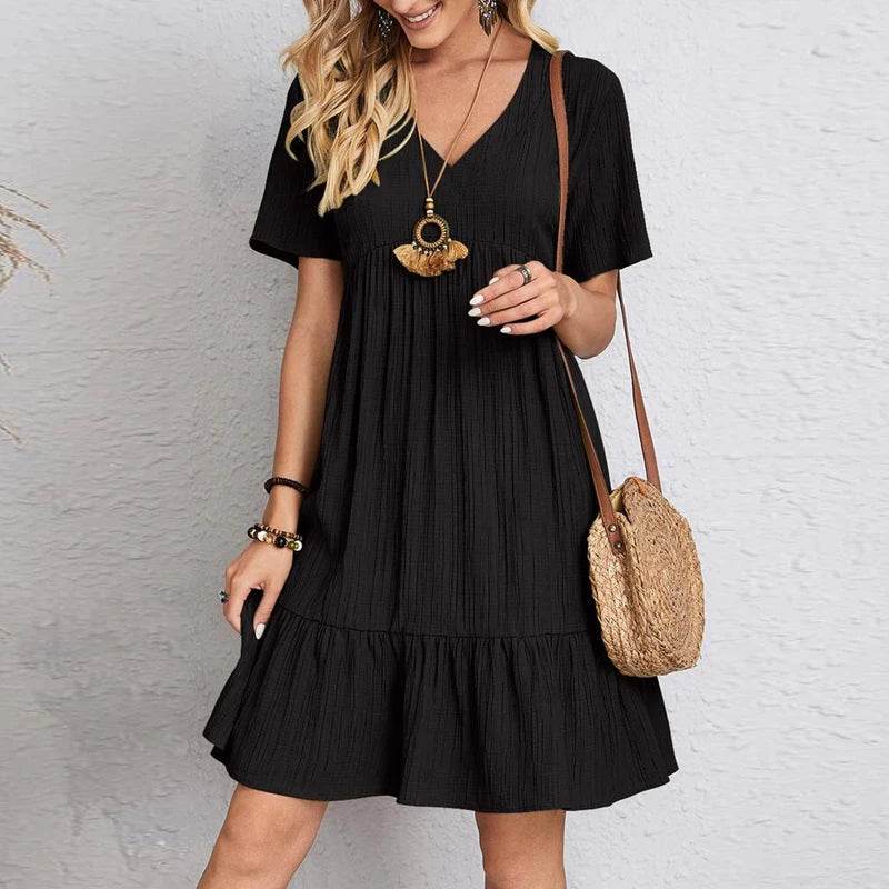 Stylemein - Vintage Solid A-Line Mini Dress – V-Neck High Waist Short Sleeve Summer Party Outfit