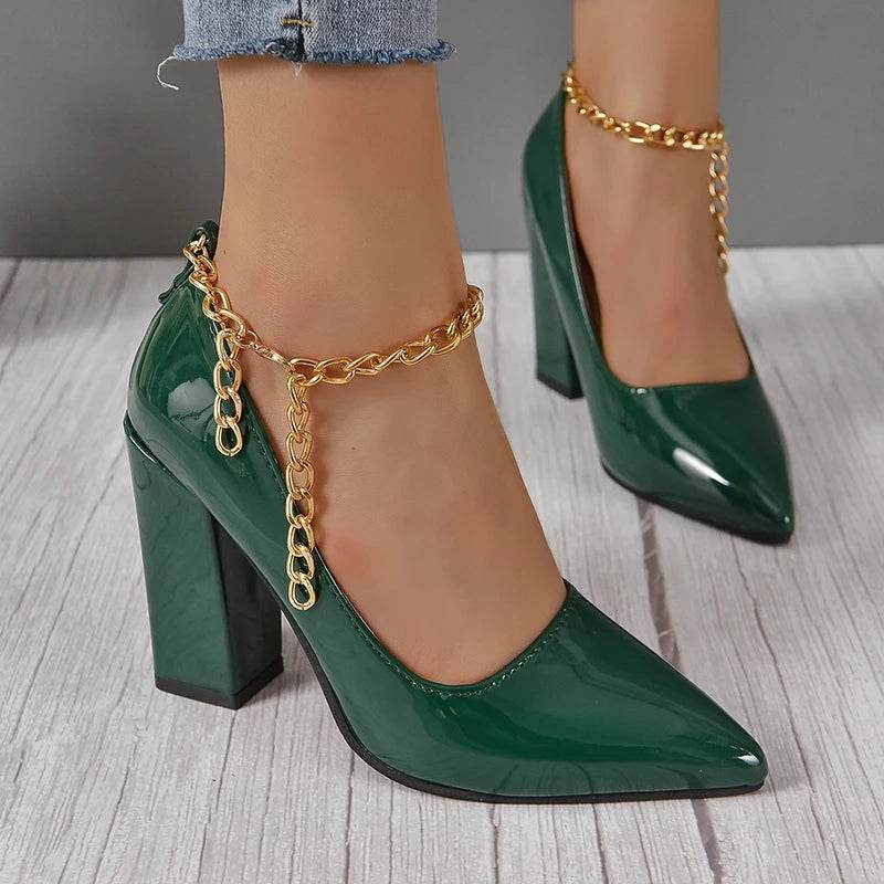 10cm Square Heel Gold Chain Pumps – Super High Heels with Ankle Strap & Pointed Toe, Size 35–53 - Stylemein
