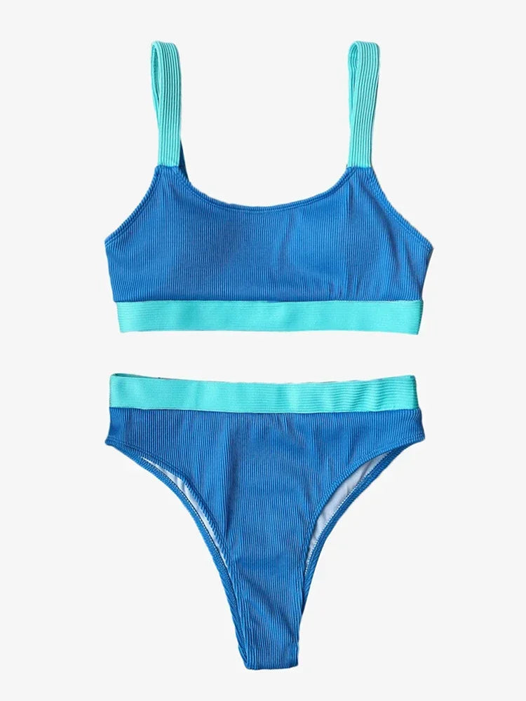 High Waist Bikini Woman Swimsuit Sexy Textured Brazilian Biquinis Colorblock Beachwear Summer