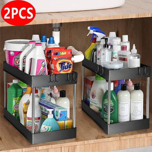Bathroom closet organization with plastic drawer bins, tiered