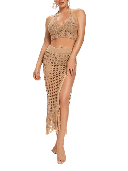 Women Two Piece Crop Tassels Summer Crochet Dress Beach Wear Top and Skirt  Set