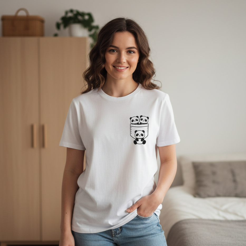 Woman wearing a white t-shirt with a black logo in a bedroom setting