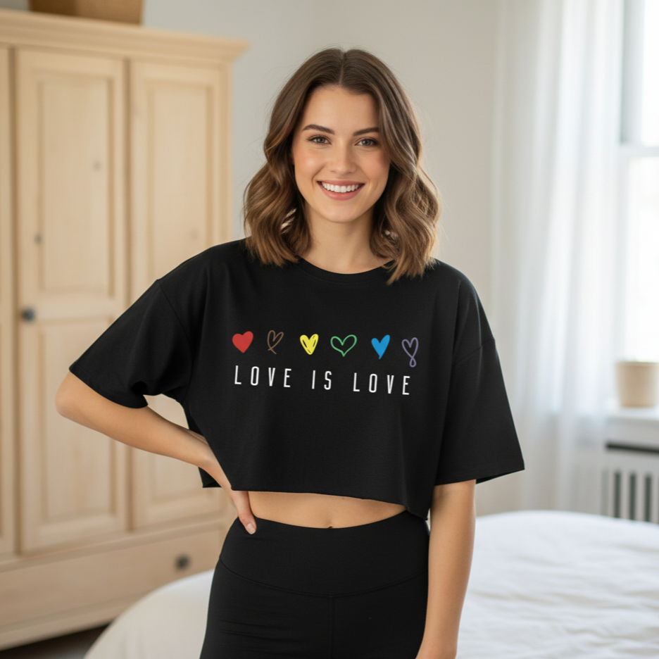 Woman wearing a black t-shirt with 'LOVE IS LOVE' and colorful hearts in a bedroom.
