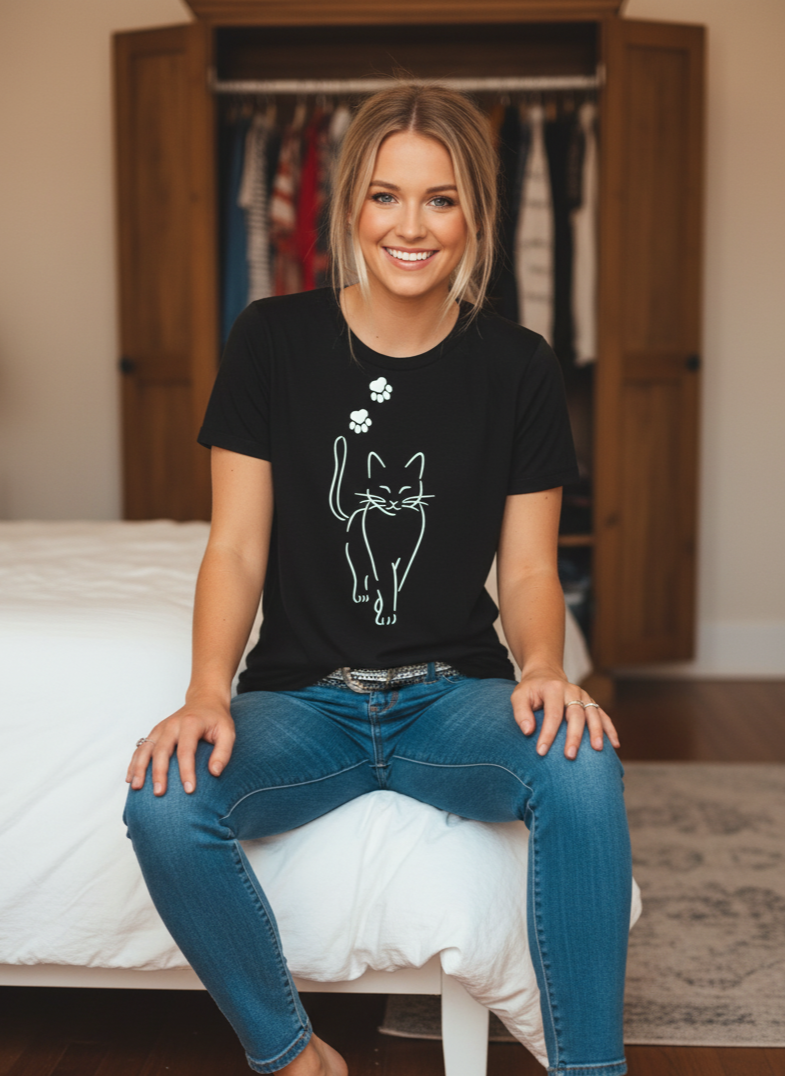 Woman wearing a black t-shirt with a cat design and blue jeans, sitting on a bed.