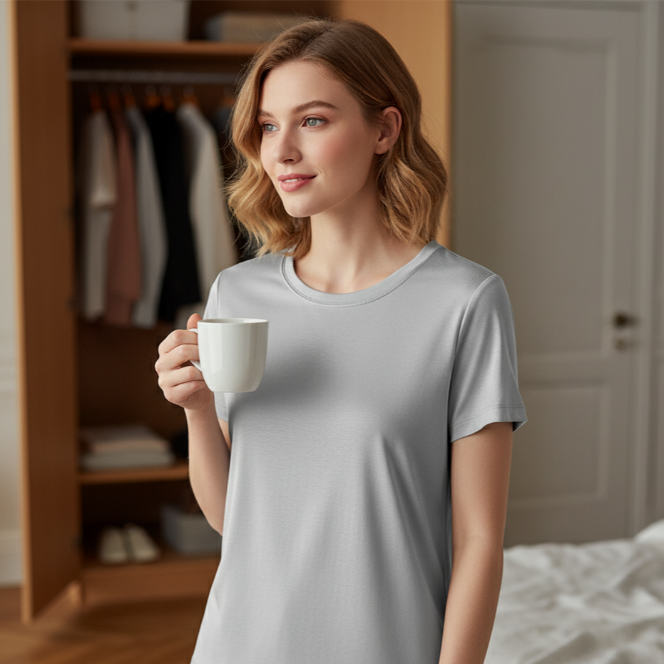 Luxury Silk & Mercerized Cotton Women’s T-Shirt – Short Sleeve Silky Feel V/O-Neck Summer Top
