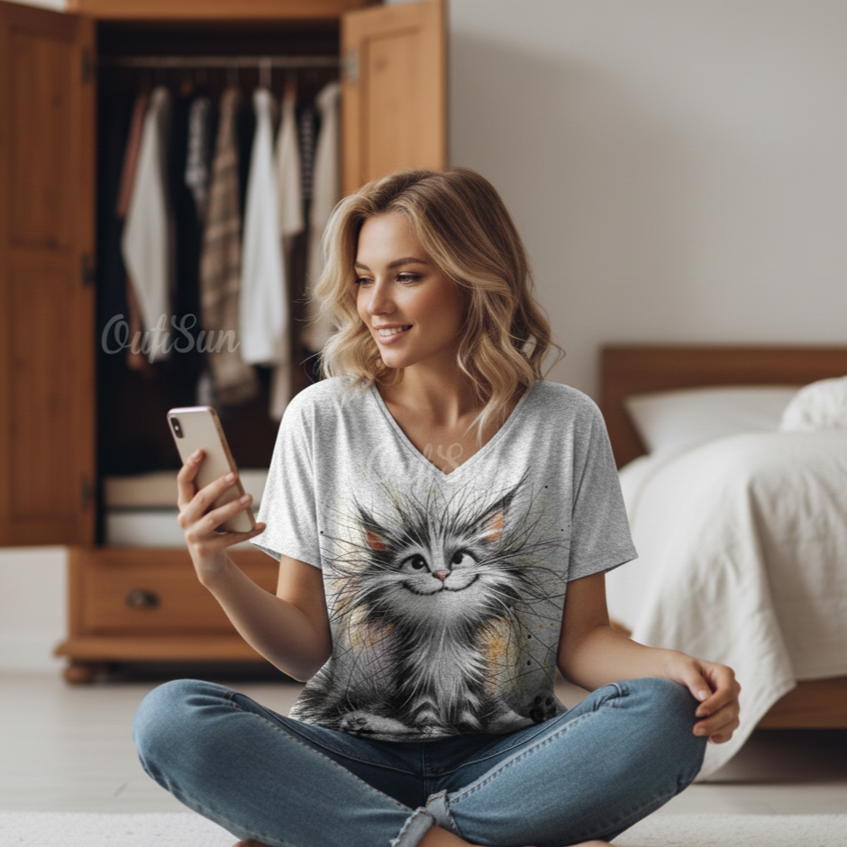 Woman sitting on the floor wearing a t-shirt with a cat graphic, using a phone.