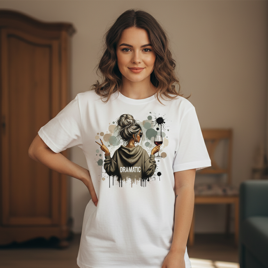 Woman wearing a white t-shirt with a graphic design in a room.