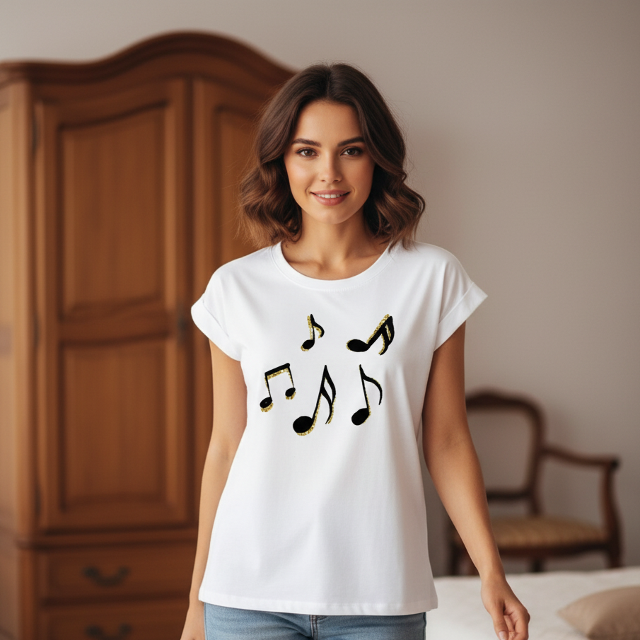 Woman wearing a white t-shirt with musical note designs in a bedroom setting