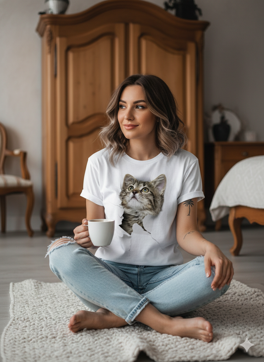 Woman sitting on a rug holding a mug, wearing a t-shirt with a cat print.
