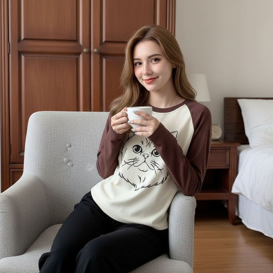 Woman sitting on a chair holding a mug, wearing a long-sleeve shirt with a cat design.