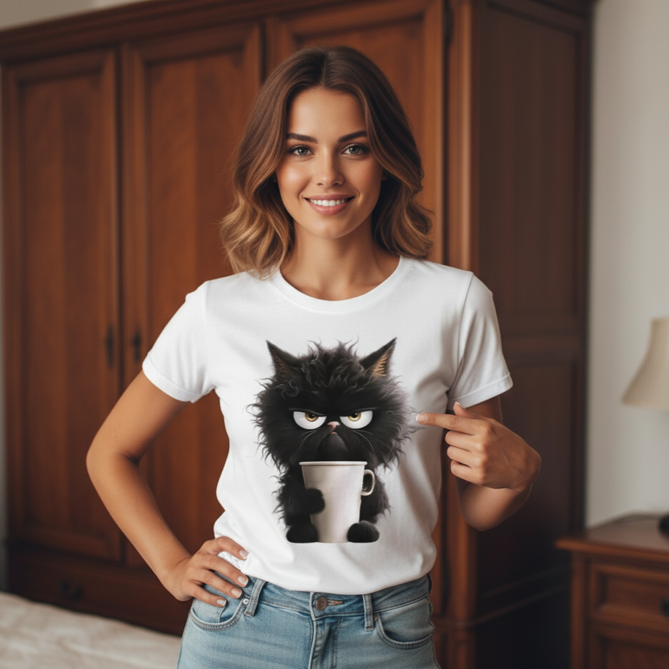 Woman wearing a white t-shirt with a black cat graphic, pointing at the design.