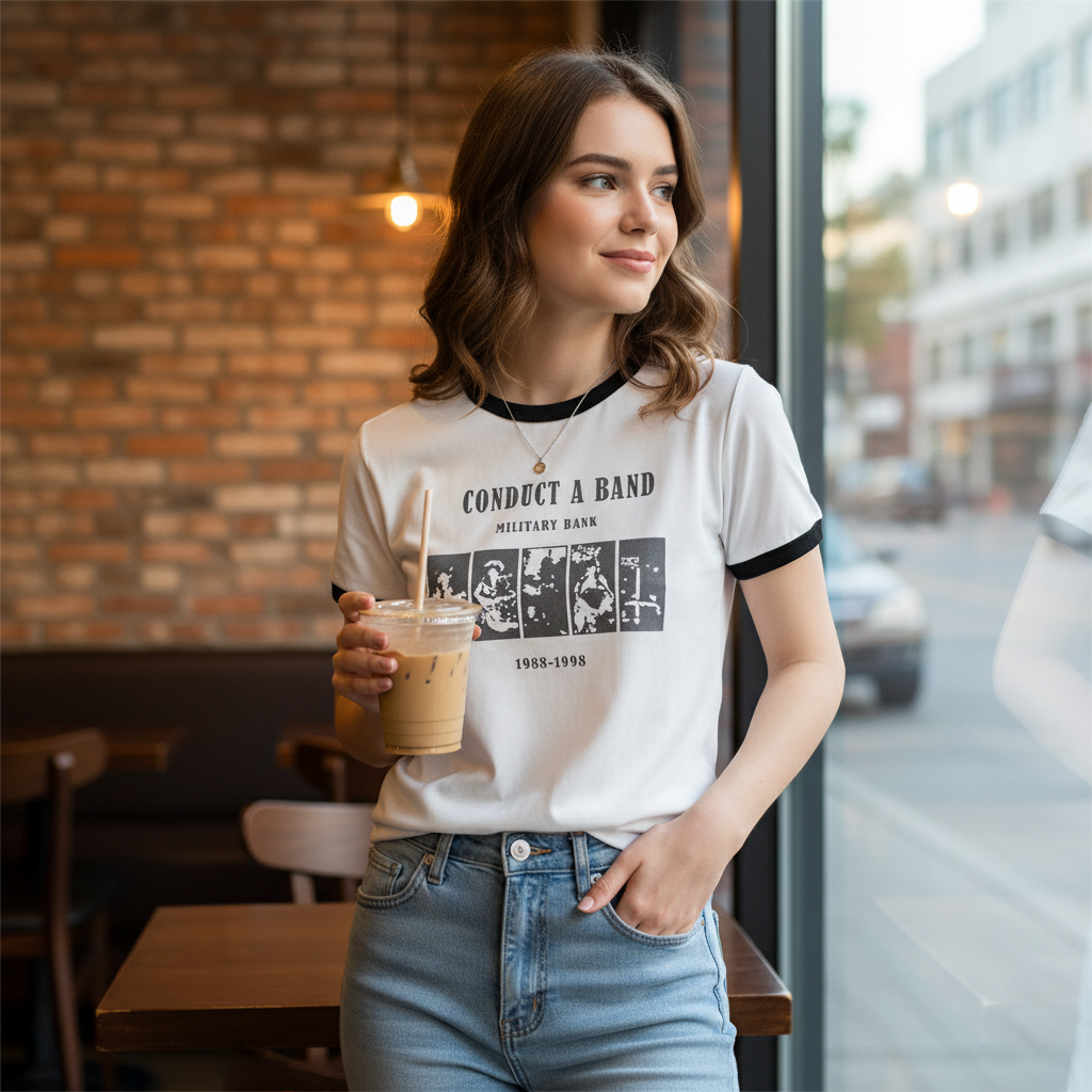 Woman in a casual setting holding a drink, wearing a t-shirt with graphic design.