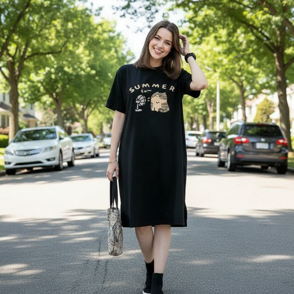 Woman wearing a black t-shirt dress with a graphic design on a street.