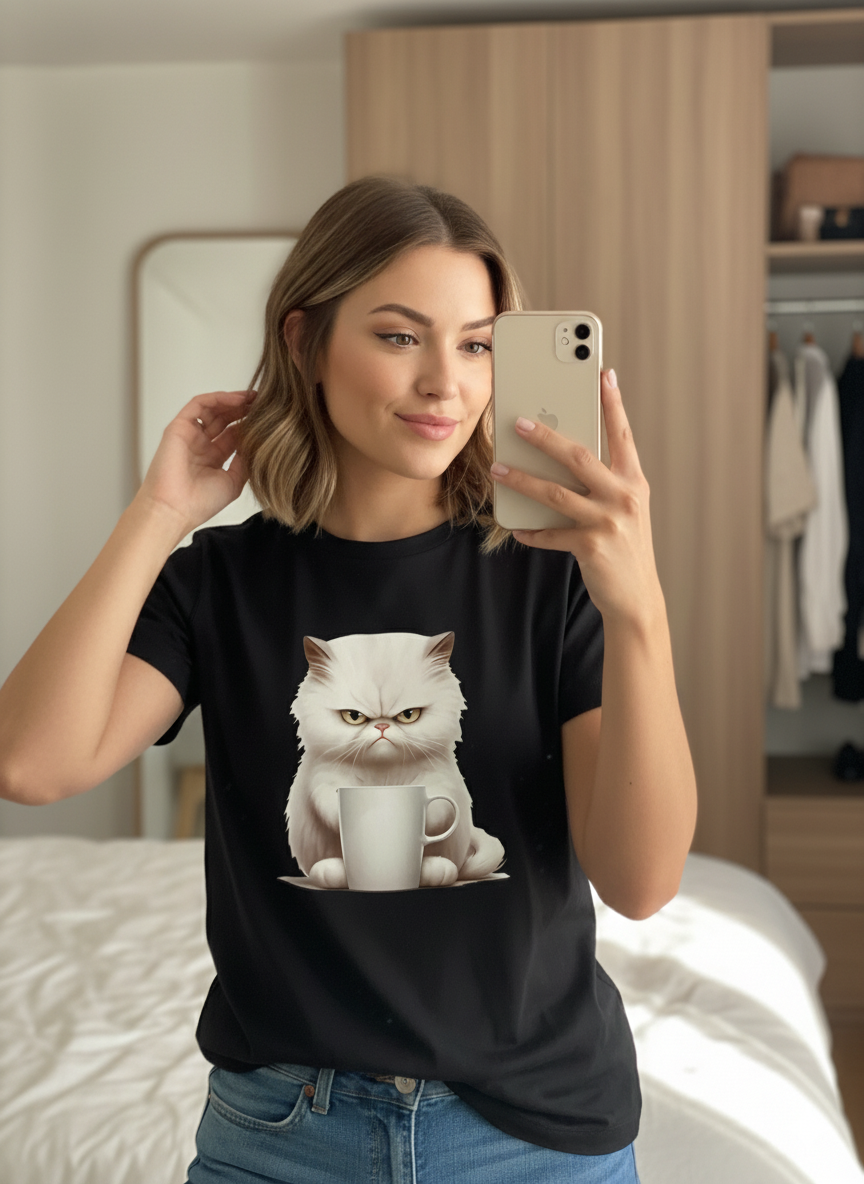 Woman wearing a black t-shirt with a cat graphic, taking a mirror selfie in a bedroom.