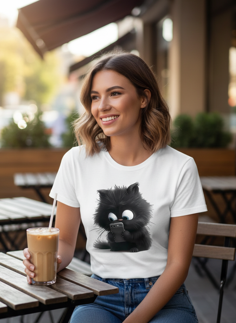 Woman sitting outdoors with a drink, wearing a white t-shirt with a black cat graphic.
