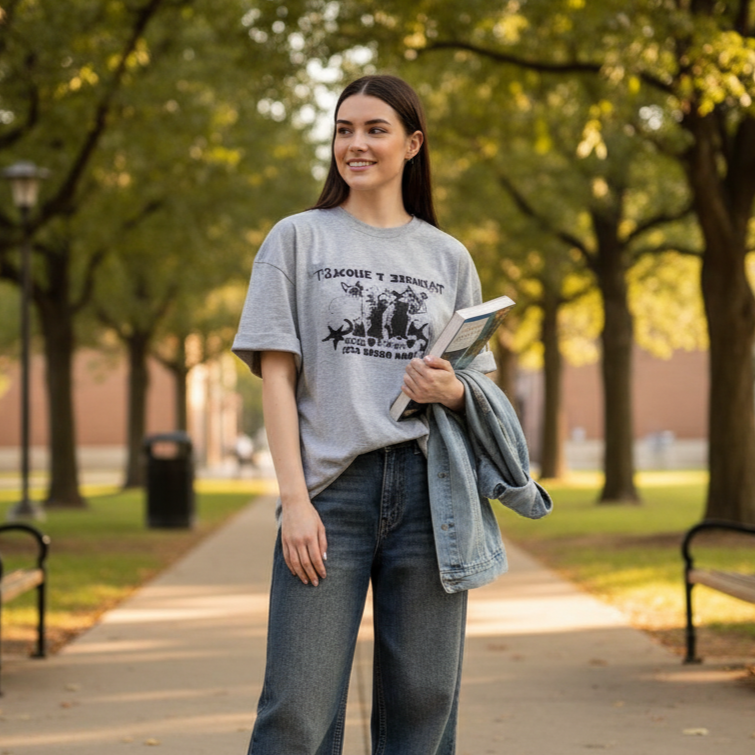 Woman walking on a sidewalk in a park wearing a gray t-shirt and blue jeans.