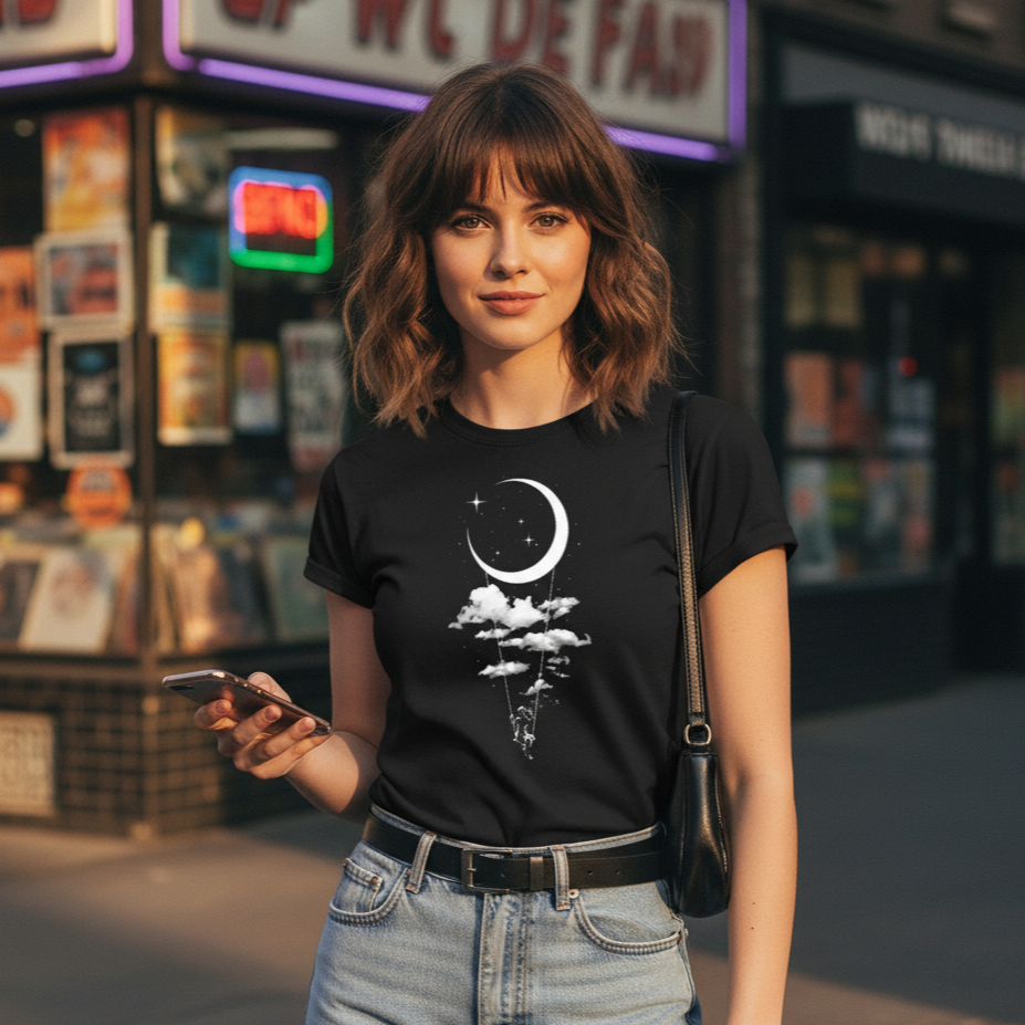 Woman wearing a black t-shirt with a graphic design, standing in front of a store with posters.