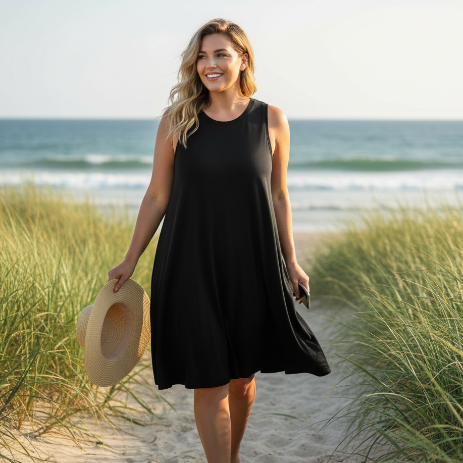 Woman in a black dress walking on a sandy path with grasses towards the ocean.