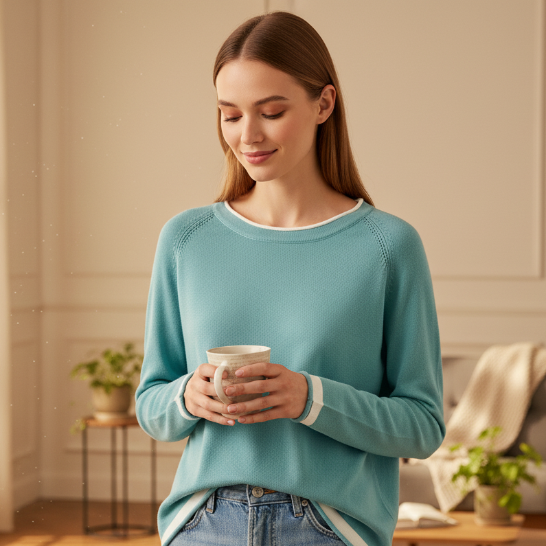 Woman in a teal sweater and jeans holding a mug in a cozy living room.