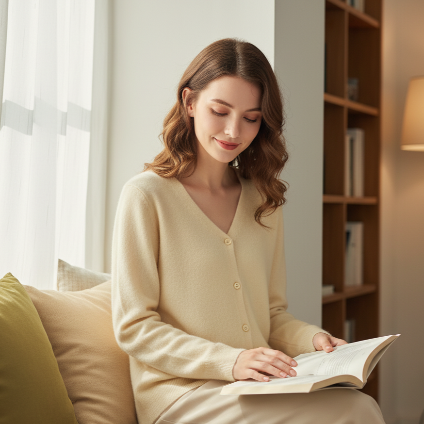 Woman reading a book on a couch in a cozy living room.