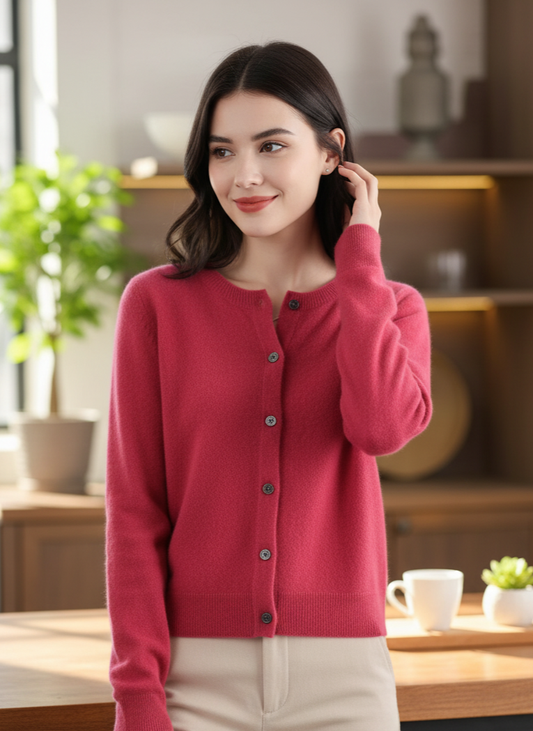 Woman wearing a red cardigan in a home setting