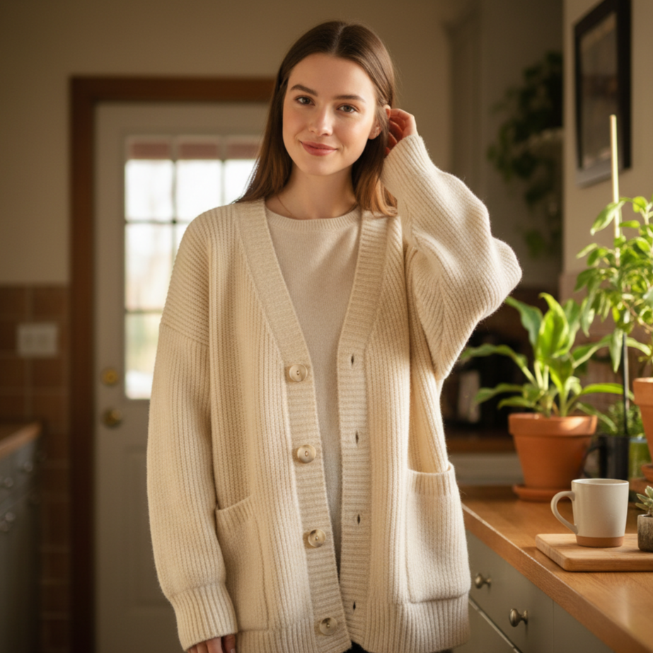 Woman wearing a beige cardigan in a kitchen setting
