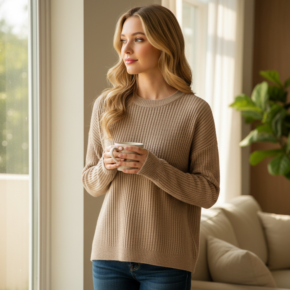 Woman in a beige sweater holding a mug in a cozy living room.