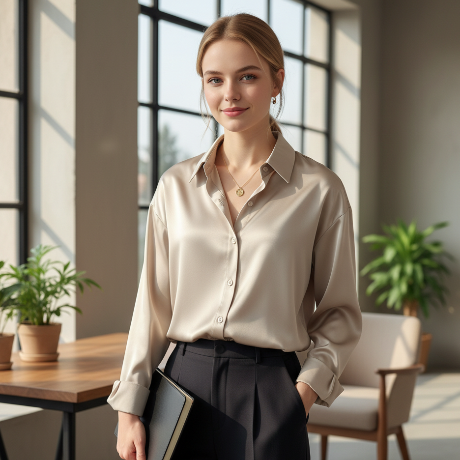 Woman in a beige blouse and dark pants standing in a modern office setting.