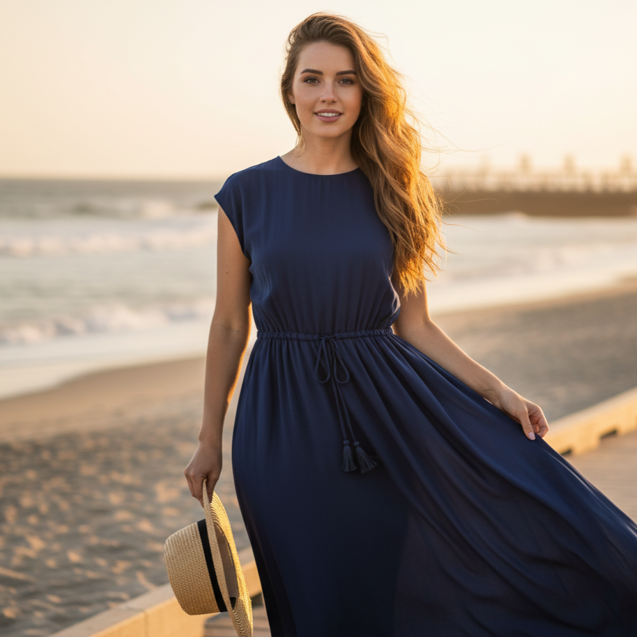 Woman in a long navy dress standing on a wooden boardwalk by the beach.