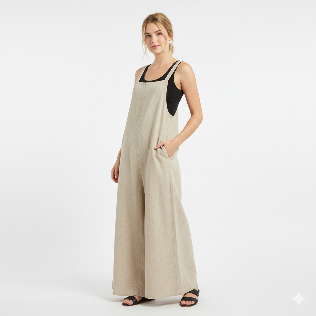 Woman wearing a long beige dress with black accents on a white background