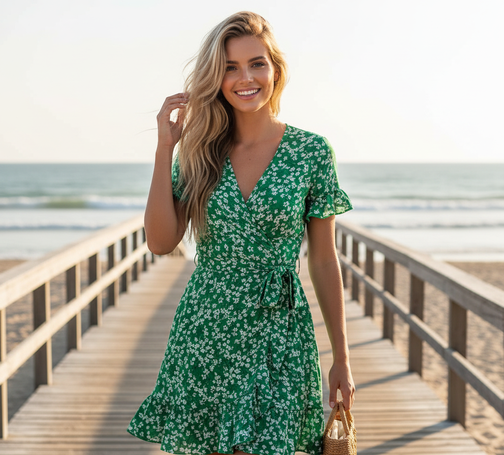 Woman in a green floral dress standing on a wooden boardwalk by the beach.